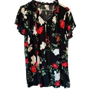 Old Navy Floral Cotton T-Shirt Ruffle Neck Black, X-Large